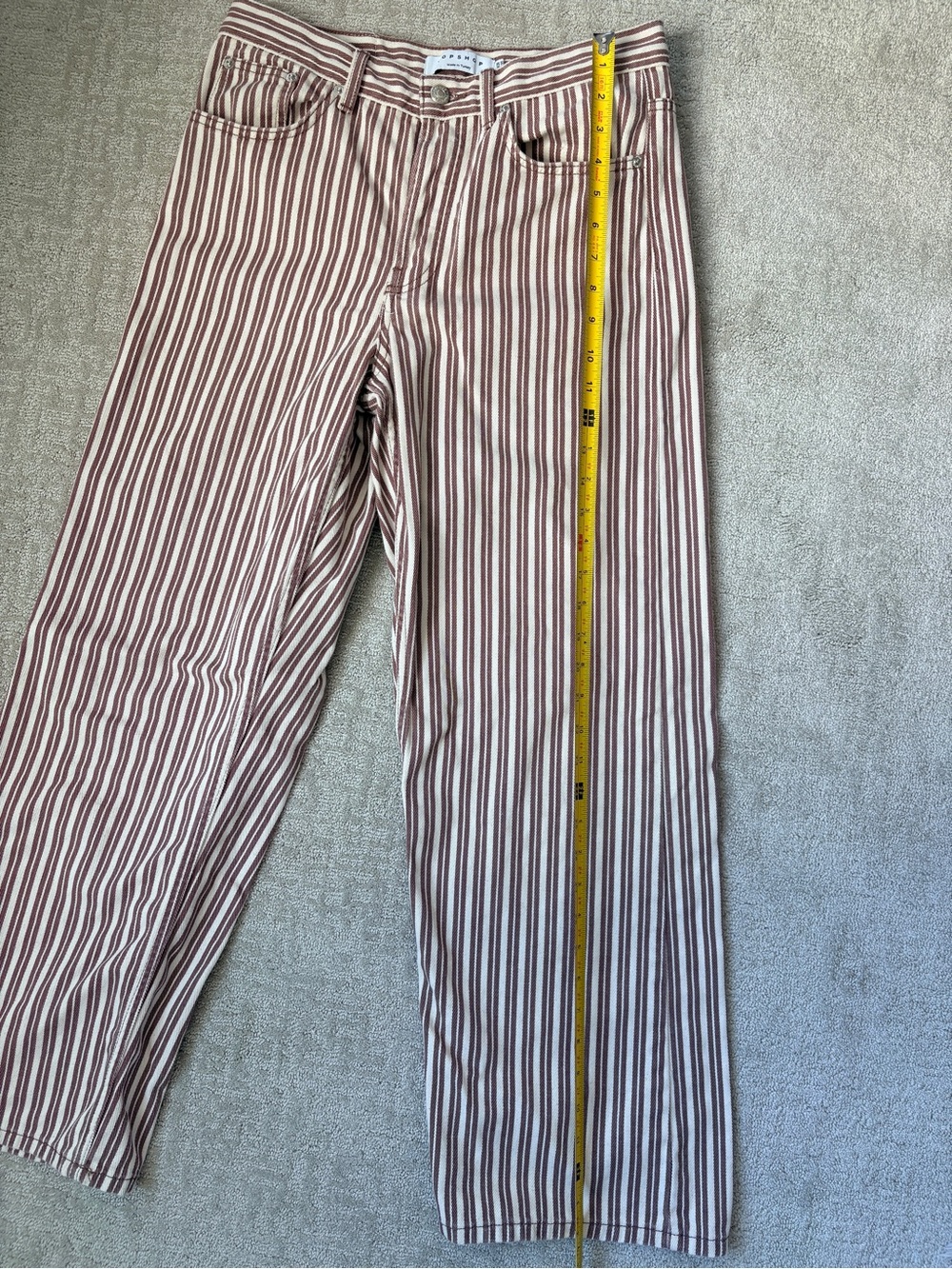 TOPSHOP Wide-Leg Striped Maroon and cream button fly denim pants, 28 waist.